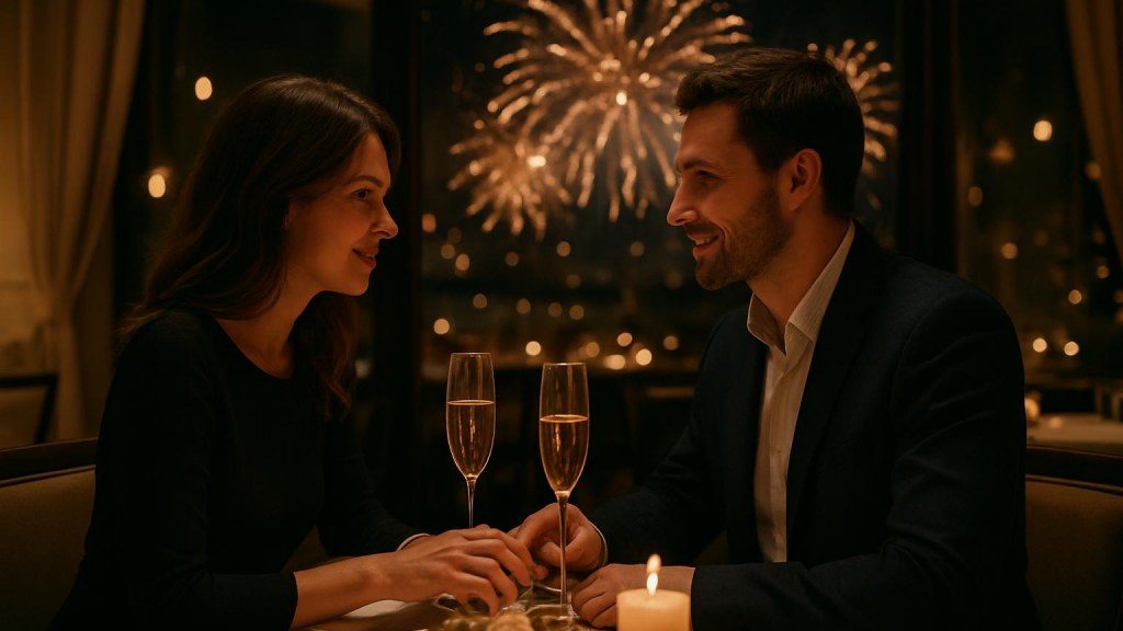 Capodanno romantico a Pesaro: hotel, cena e idee per coppie Coppia durante una cena romantica di Capodanno